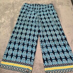 Boho Blue Geometric Wide Leg Crop Pants 2X Rayon Lightweight Resort Lounge Wear